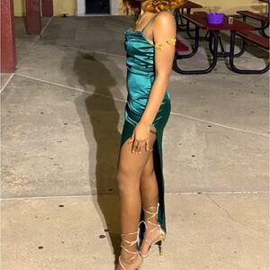 Emerald green satin slit dress
